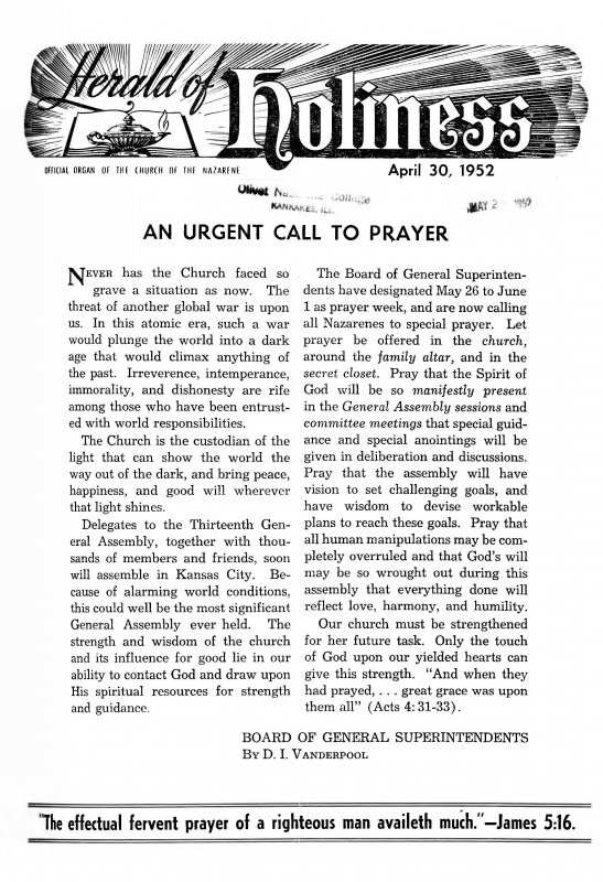 Title Page of Herald of Holiness - April 30, 1952