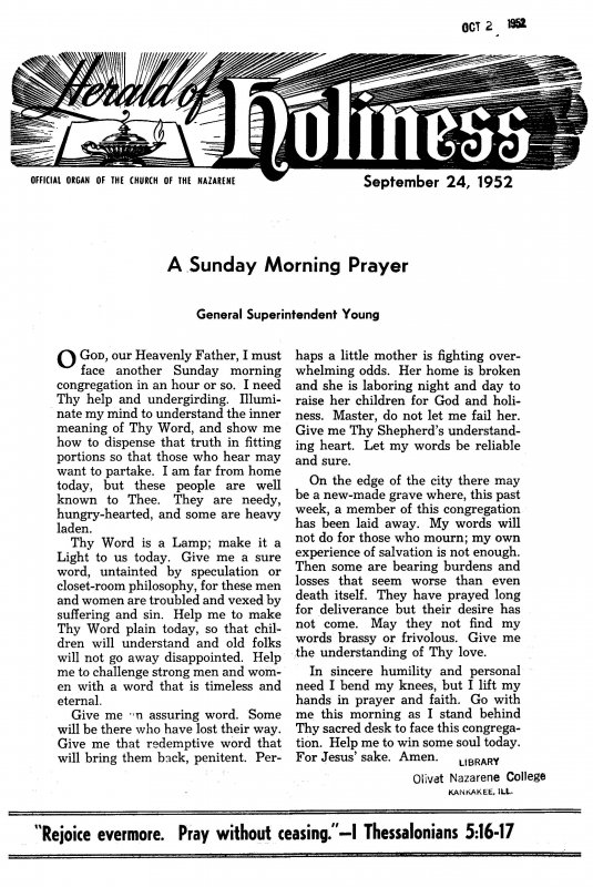 Title Page of Herald of Holiness - September 24, 1952