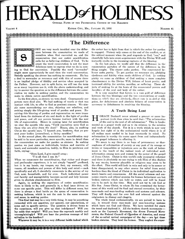 Title Page of Herald of Holiness - January 19, 1916