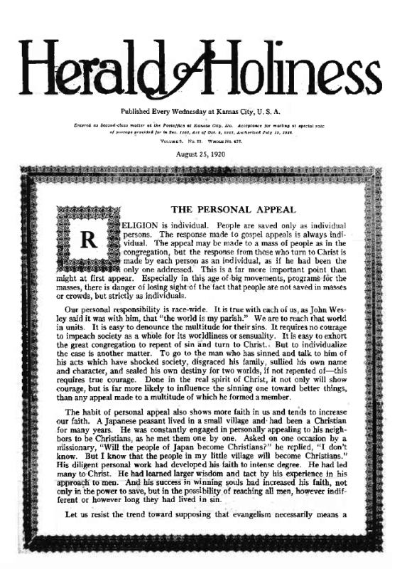 Title Page of Herald of Holiness - August 25, 1920