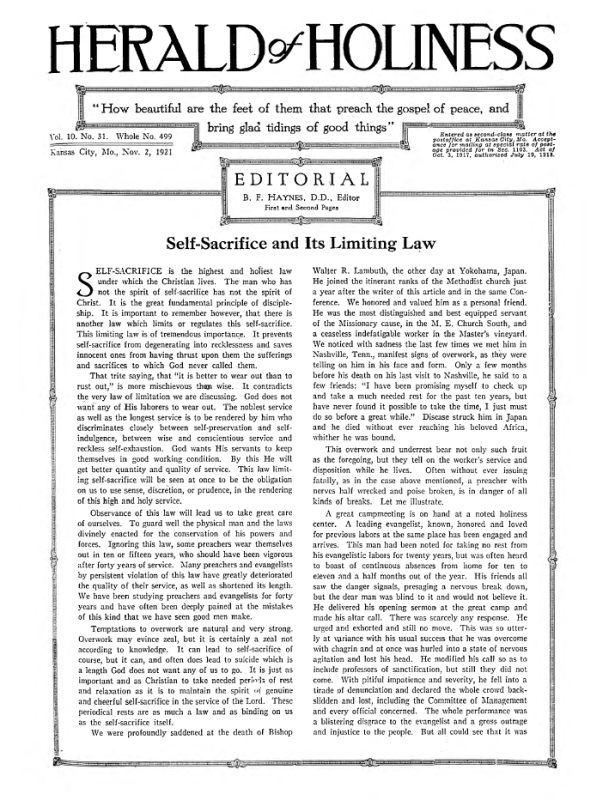 Front page of Herald of Holiness - November 2, 1921