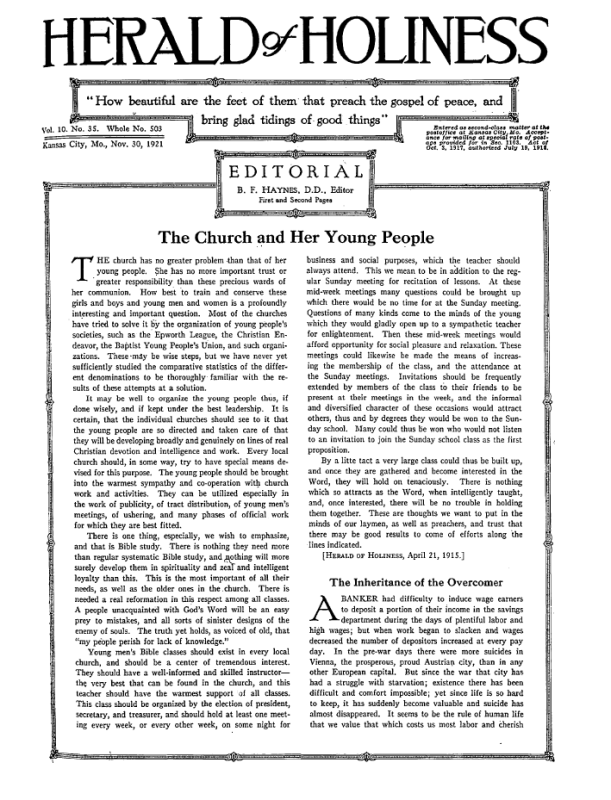 Front page of Herald of Holiness - November 30, 1921