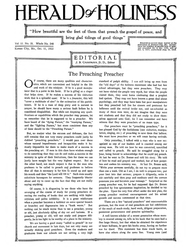 Front page of Herald of Holiness - October 11, 1922