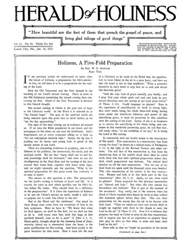 Front page of Herald of Holiness - January 10, 1923