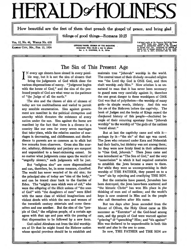 Front page of Herald of Holiness - February 13, 1924