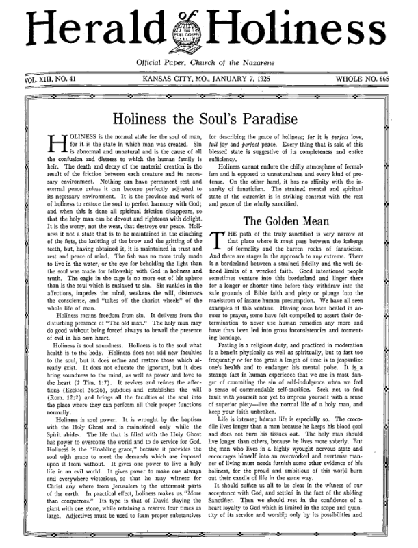 Front page of Herald of Holiness - January 7, 1925