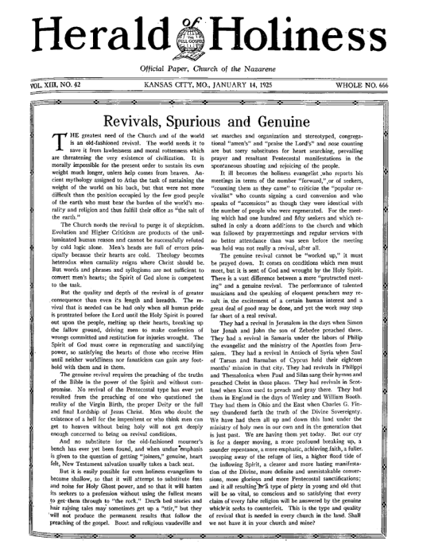 Front page of Herald of Holiness - January 14, 1925