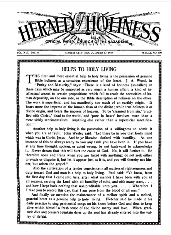 Front page of Herald of Holiness - October 12, 1927