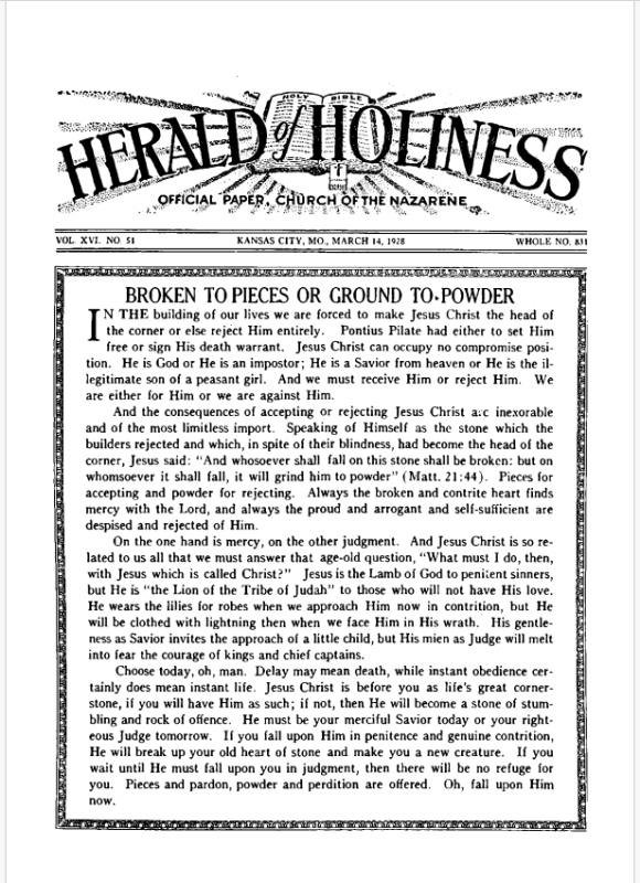 Front page of Herald of Holiness - March 14, 1928