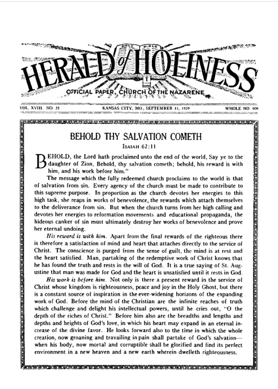 Front page of Herald of Holiness - September 11, 1929